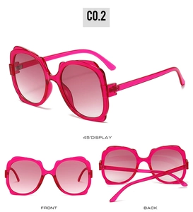 Three-angle view of pink gradient butterfly sunglasses with transparent rose frames