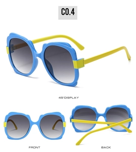 Detailed multi-angle views of butterfly sunglasses with blue and yellow frames