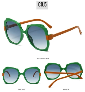 Three views of green and orange butterfly sunglasses with blue gradient lenses