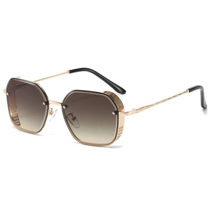 Retro oversized hexagonal sunglasses with gold metal frame and brown gradient lenses