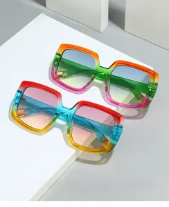 Detail view of 2024 square gradient sunglasses with transparent rainbow plastic frames