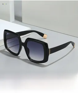 Close-up of square sunglasses with thick black frames and gradient grey lenses