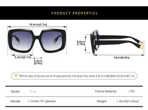Detailed size guide for square sunglasses with exact frame dimensions and weight