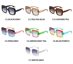 Grid display of square oversized sunglasses in seven trendy colors with gradient lenses