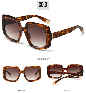 Detailed views of tortoise square sunglasses with brown gradient lenses and gold accents