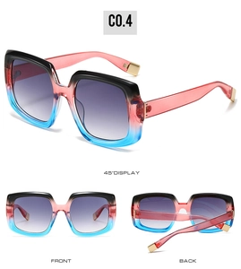 Detailed views of square sunglasses featuring black red and blue gradient frames and gold tips