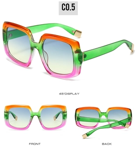 Square oversized sunglasses with orange green pink gradient frame and multi-angle view
