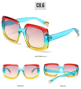 Three views of square gradient sunglasses with red, blue, and yellow frames and purple lenses