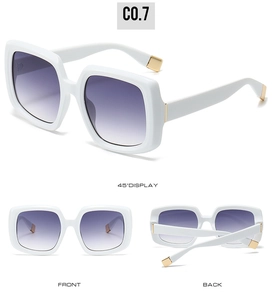 Three-way view of square sunglasses featuring white frames with purple gradient lenses