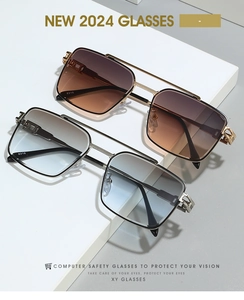 Close-up of 8316 double-bridge metal sunglasses in brown and blue-grey gradient lenses