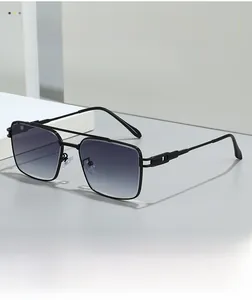 Detail view of double bridge metal sunglasses with purple-grey gradient lenses