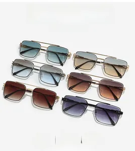 Detailed view of six colors of square metal sunglasses with double bridges and gradient lenses
