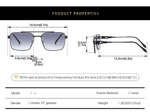 Detailed size chart for unisex double bridge metal sunglasses with dimensions and specifications