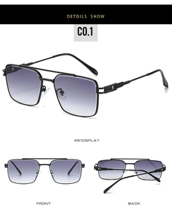 Detail of double-bridge metal sunglasses with purple gradient lenses and textured temples