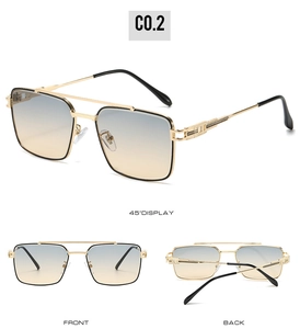 Three-angle display of double-bridge square sunglasses with gradient lenses and metal frames