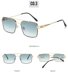 Three-view display of vintage gold metal double-bridge sunglasses with blue gradient lenses