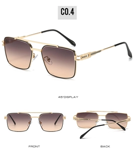 Three-angle view of vintage double-bridge square sunglasses with gold metal frame