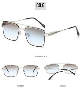 Three-angle view of silver double-bridge sunglasses with blue gradient lenses