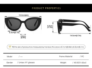 Detailed size chart for oversized cat eye sunglasses showing PC frame dimensions and weight
