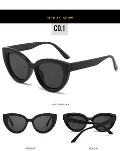 Three-view display of black cat eye sunglasses showing front, 45-degree, and back details