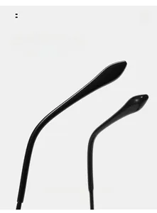 Macro detail of glossy black curved temple tips for ergonomic sunglasses comfort