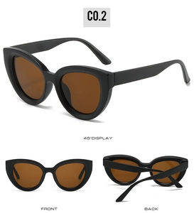 Three-way display of black cat eye sunglasses featuring brown lenses from multiple angles