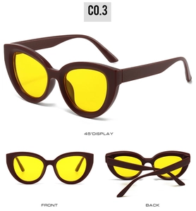 Three-view display of wine red cat eye sunglasses with high contrast yellow lenses