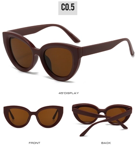 Three-view detail of burgundy cat-eye sunglasses with gradient brown lenses