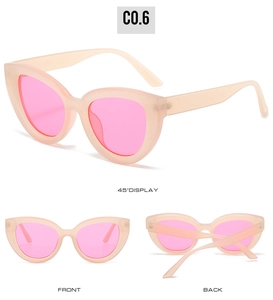 Cat eye sunglasses detail in matte cream frame with pink lenses from multiple angles