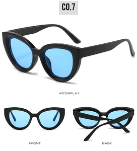 Detailed views of cat-eye sunglasses with thick black frames and blue lenses in multiple angles