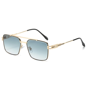 Fashionable square double bridge metal sunglasses with blue gradient lenses and gold frames