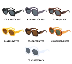 Detailed grid of oval sunglasses in 7 vintage colors including leopard and orange