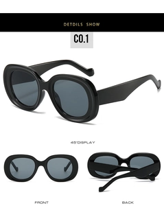 Detailed multi-angle views of black oval sunglasses featuring thick frames and dark lenses
