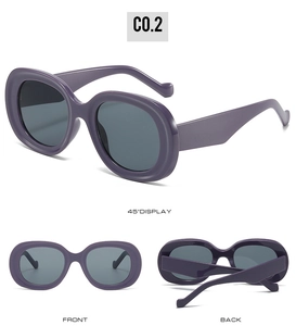 Three views of purple oval sunglasses with dark lenses and glossy plastic frames
