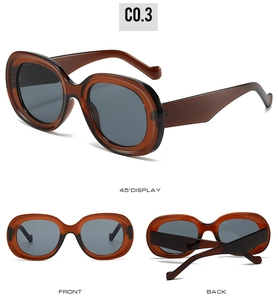 Three-view display showing 45-degree, front, and back of oval retro sunglasses in tea color