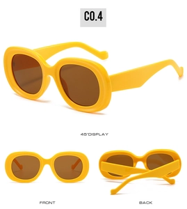Multi-angle views of bright yellow oval sunglasses with thick frames and brown lenses
