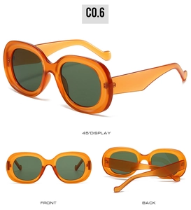 Three-view display of vintage oval sunglasses in bright orange with dark green lenses