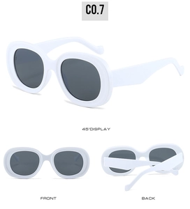 Three perspectives of retro white oval sunglasses showing front, back, and 45-degree angle