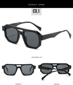 Detailed multi-angle views of oversized black hexagonal sunglasses with trendy double bridge