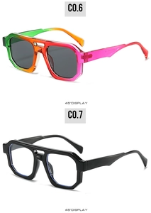 Detail view of bold square frames in gradient rainbow and classic black with thick temples
