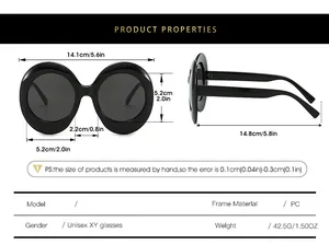 Detailed size chart for oversized oval sunglasses showing frame and lens dimensions