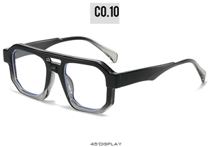 Detail view of black oversized double-bridge polygon sunglasses at a 45-degree angle