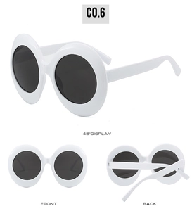 Three views of white oval sunglasses with gray lenses featuring a thick hip-hop frame design