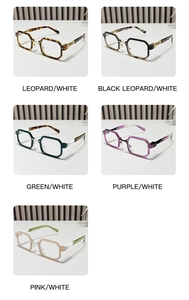 Detail showcasing square vintage sunglasses in leopard, green, and pink with white temples