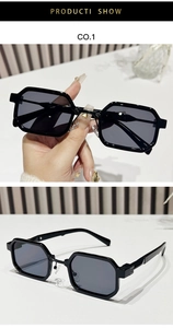 Macro detail of retro square sunglasses with black geometric frame and metal hinge design