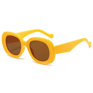 Retro wide-frame oval sunglasses with vibrant yellow frame and dark brown lenses