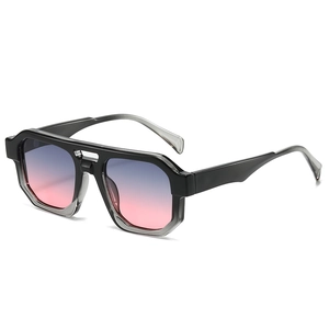 Women's oversized double bridge sunglasses with gradient frame and blue-pink tinted lenses