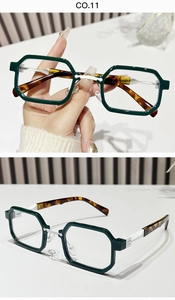 Detail view of hexagonal green frames with tortoise shell temples and metal hinges