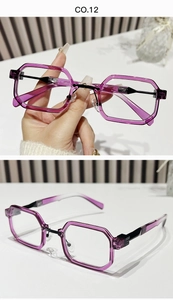 Detail of purple geometric octagonal sunglasses with stylish black and purple temples
