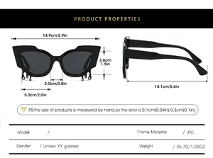 Detailed size chart for cat eye sunglasses with teardrop accents and PC frame dimensions